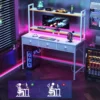 Satifur Computer Desk With Power Outlets & Led Light, 47 Inch Home Office Desk With 3 Drawers And Storage Shelves, Writing 4