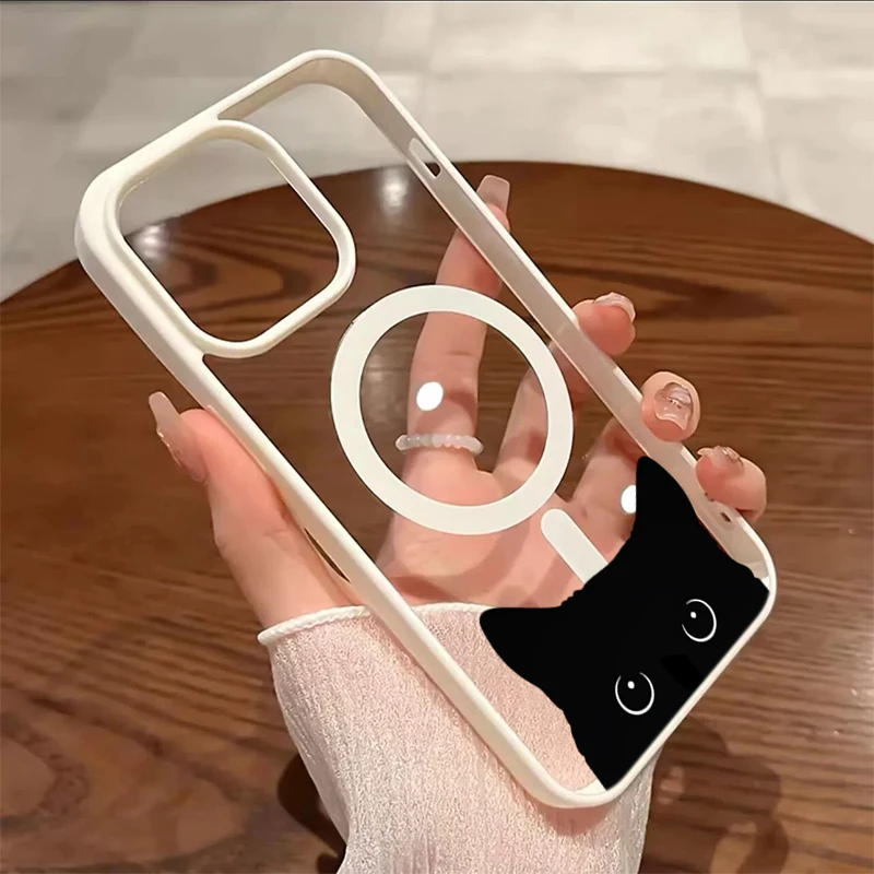Black Cat Design Transparent Hard Shell Magnetic Phone Case