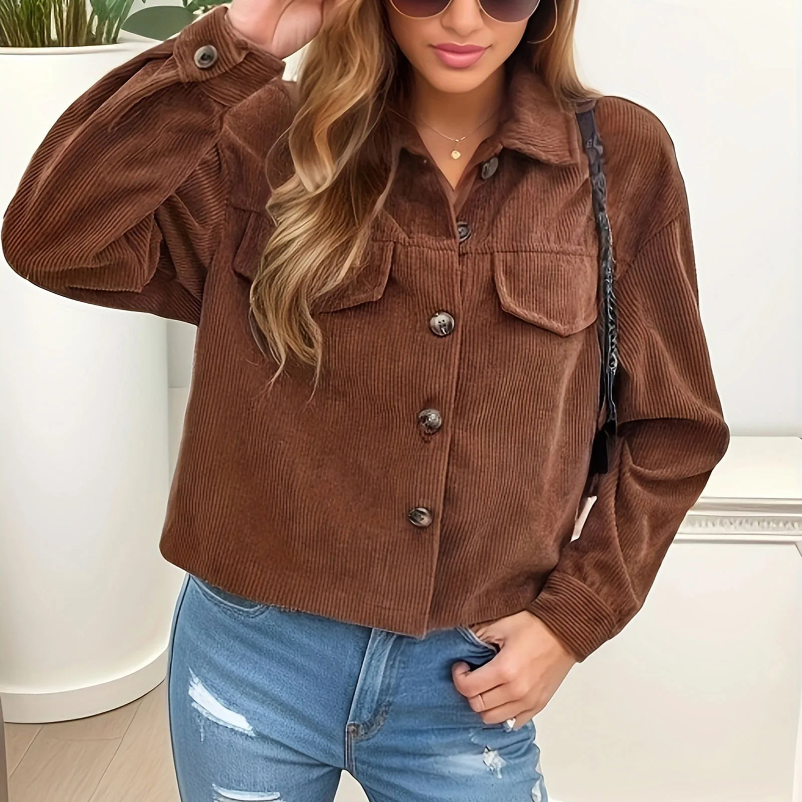 

Винтажная Вельветовая укороченная куртка для женщин, корейская мода, однотонные пальто с длинным рукавом, Женская Повседневная однобортная Свободная верхняя одежда