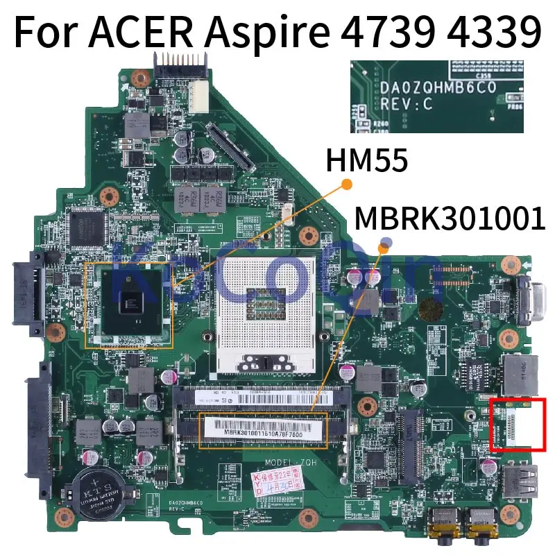 para Acer Aspire 4739 4339 Suporte 1th Gen Cpu Notebook Mainboard Da0zqhmb6c0 Mbrk301001 Hm55 Ddr3 Modelo: Zqh Placa-mãe do Portátil - Imagem 2