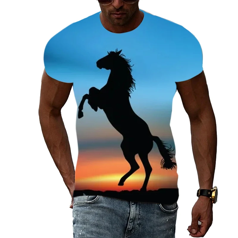 

New Men's Animal Horse Pattern T-shirt Hip Hop Trend Personality Fashion Round Neck Tops Casual Handsome Print Short Sleeve Tees