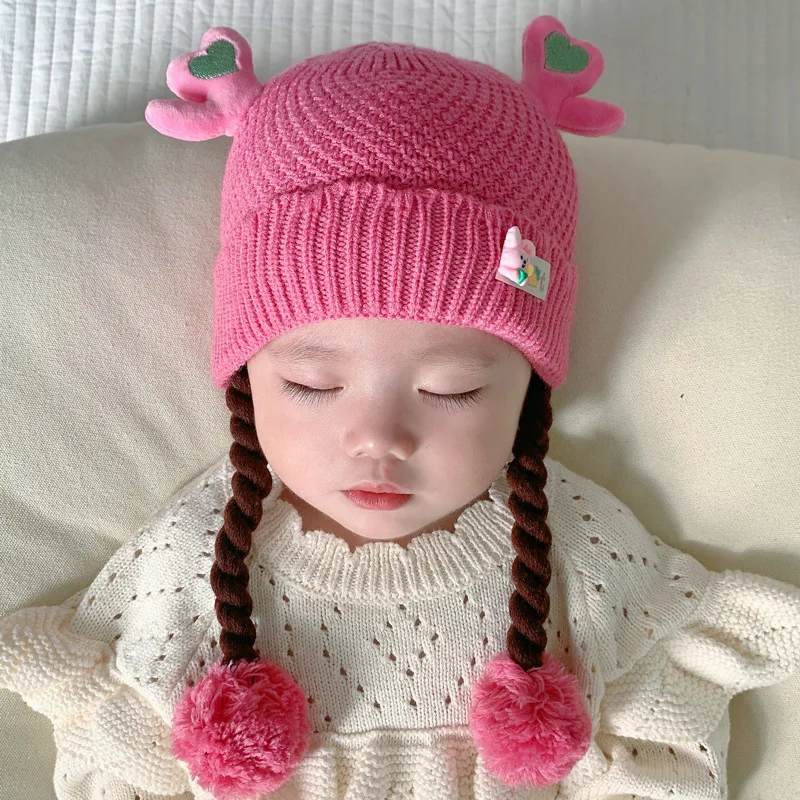 Baby hat autumn and winter cute warm ear protection knitted wool boys and girls baby hats 4