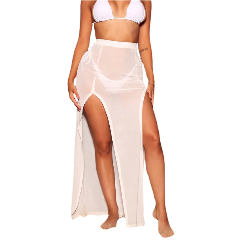 Summer Beach Robe Skirts Women Solid Color Sheer Mesh See Through High Waist Side Split Bodycon Skirt Bathing Bikini Cover-Up bathing suit cover Cover-Ups