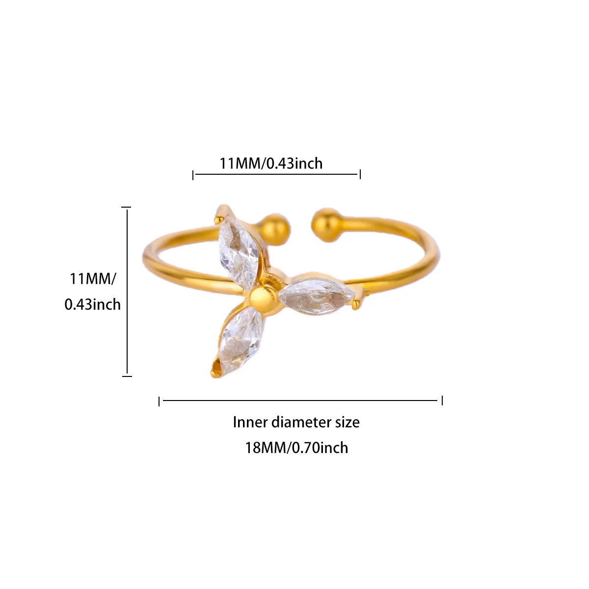 Zircon Flower Rings Gold Color Stainless Steel Crystal Adjustable Ring For Women