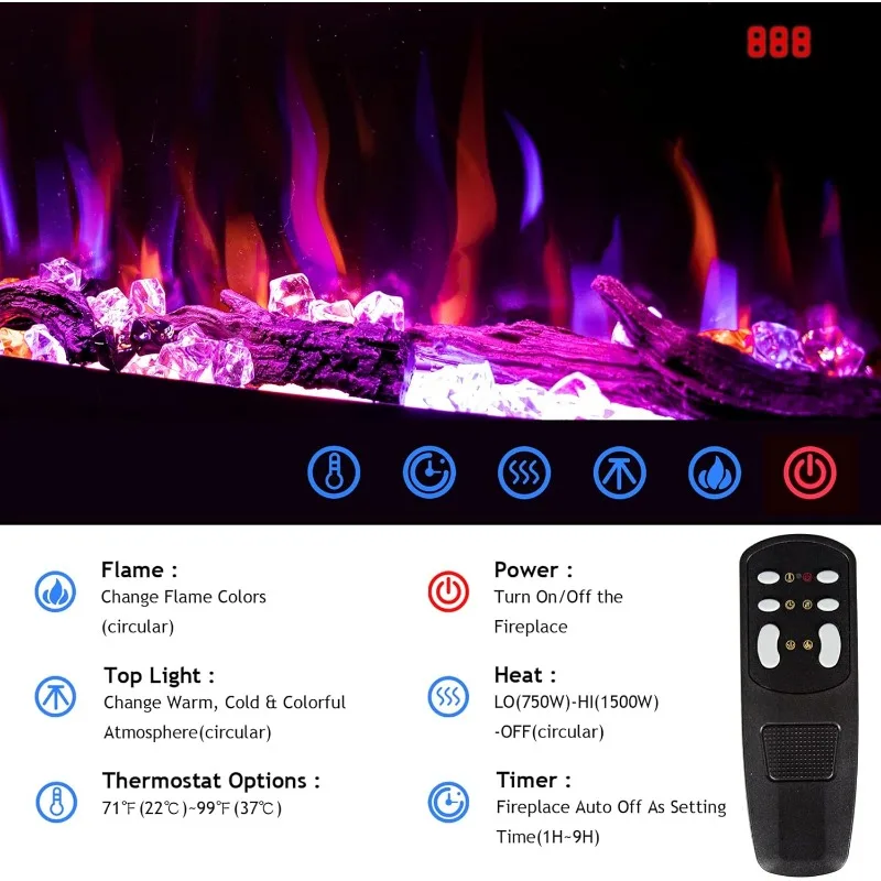 Electric Fireplace 74 inch,Recessed Wall Mounted Fireplace Heater,Logs Crystal,Multicolor Flame Combinations,Overheating Protect