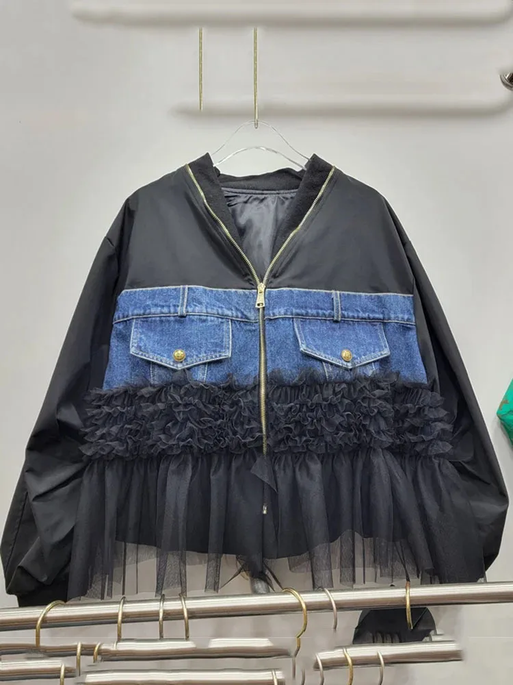 

NICEWOMENHem Mesh Patchwork Denim Patchwork Jacket Women's Long Sleeved Loose Casual Zippered Jacket 2023 Autumn/winter AH204