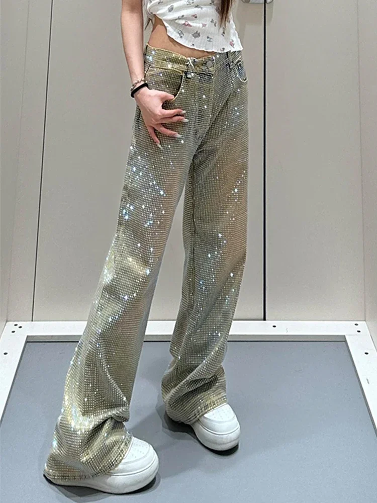 Y2K Women Diamond Jeans Spicy Girl Design Summer Spring New Style Personality Star Print Niche Straight Leg Long Pants 4