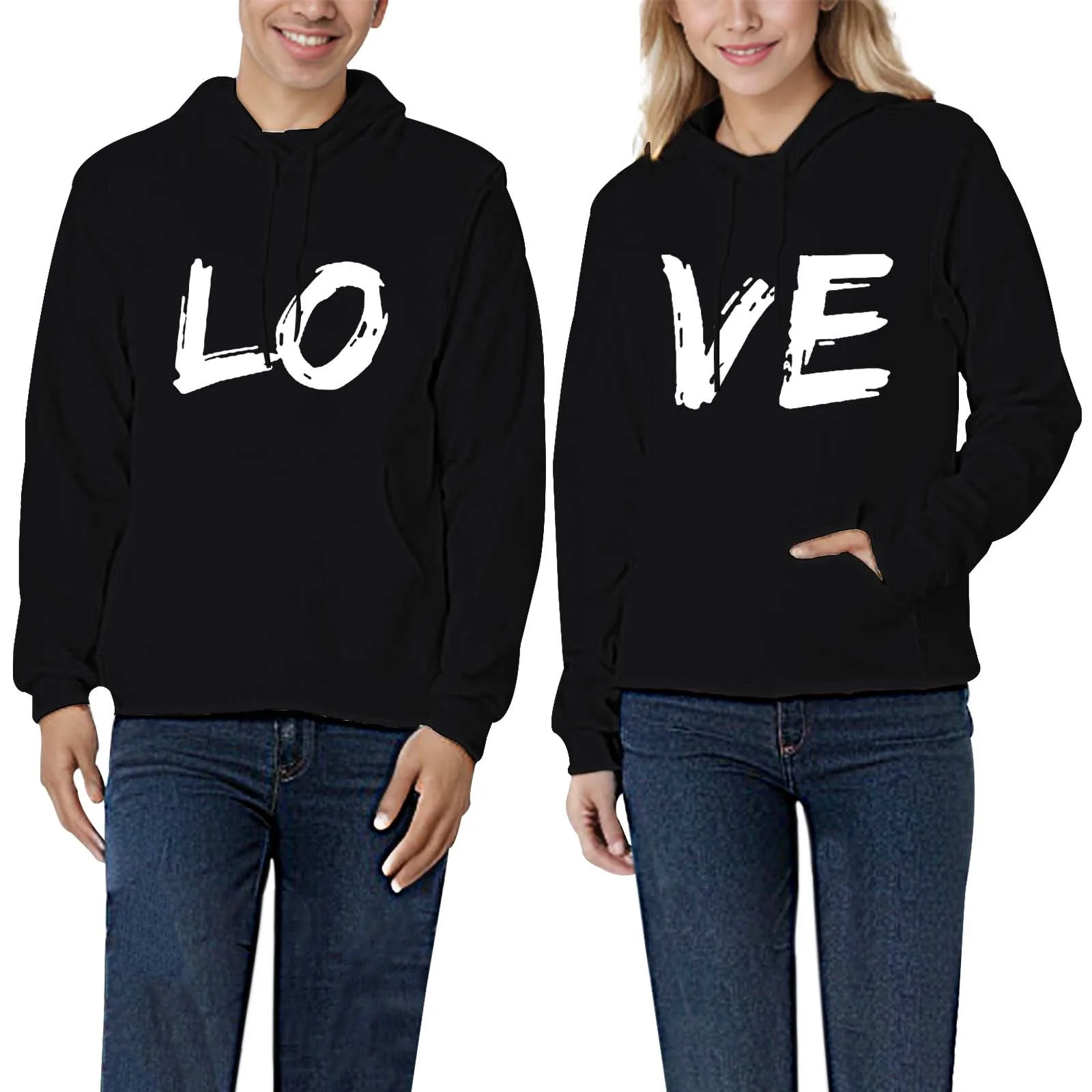 

Hoodie Female Couple Fleece Thick Hooded Letter Print Long Sleeve Women Sweatshirt with Pockets Long Turtlenecks for Women