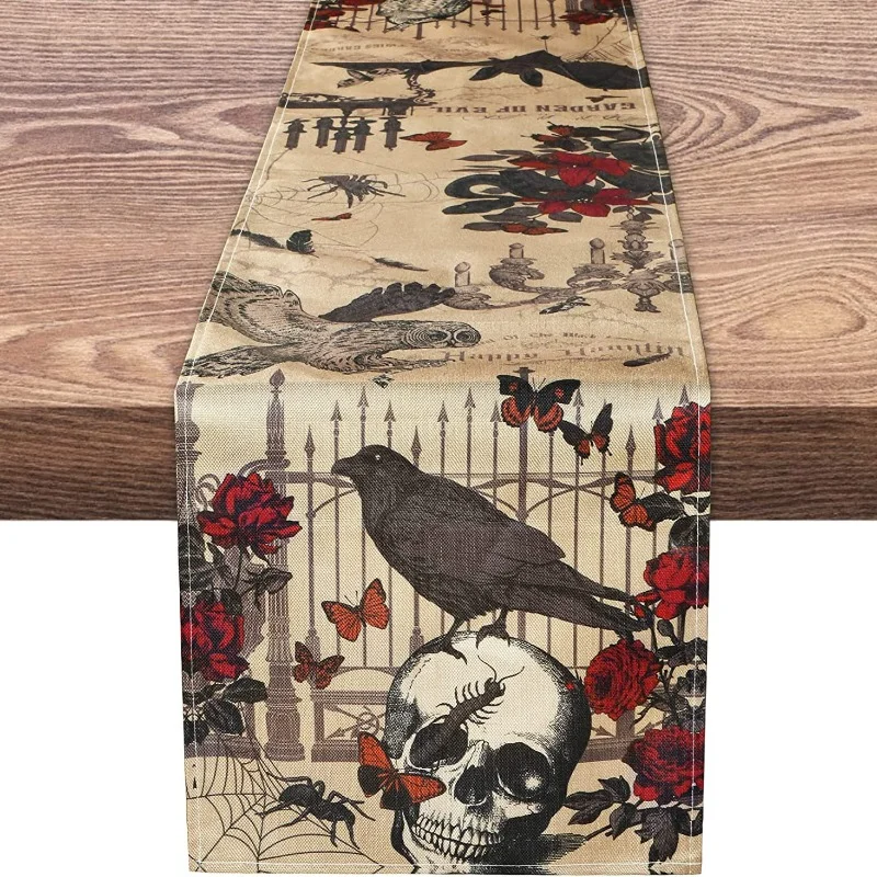 Gothic-Vintage-Decor-Bat-Skull-Table-Runner-Spider-Web-Red-Rose-Raven ...