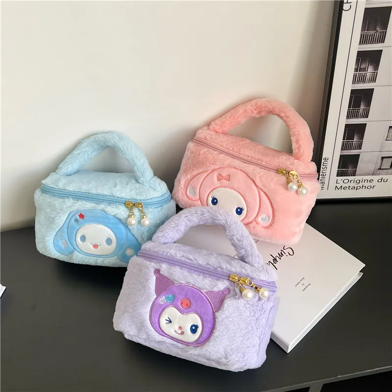 Sanrio Plush Cosmetic Bag Cute My Melody Cinnamoroll Hello Kitty Kulomi Cartoon Handbag Wholesale Birthday Gifts for Kids Girls