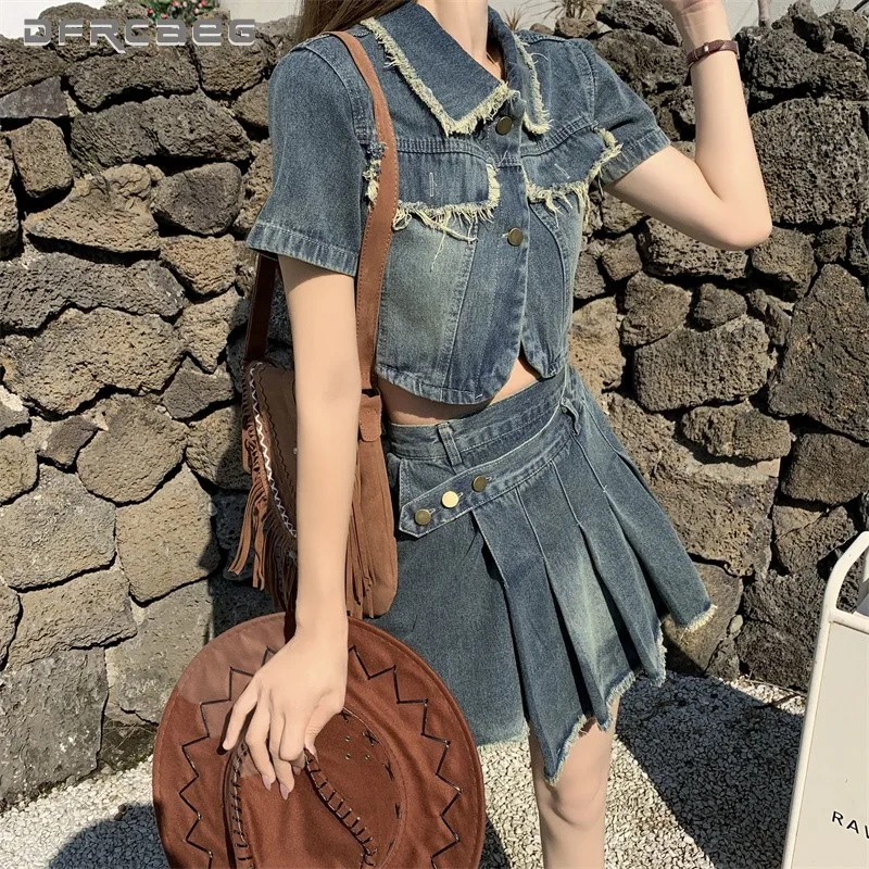 

American Vintage Summer Denim Jacket +Mini Skirt Two Piece Set For Women 2023 Preppy Style Kawaii Jeans Crop Top Clothing Suits