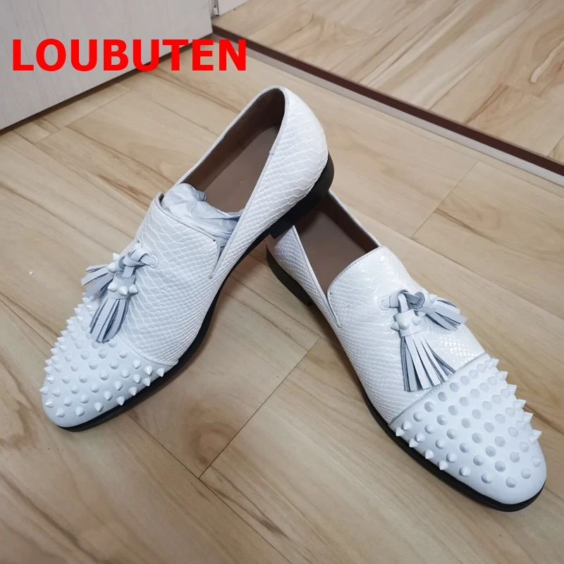 LOUBUTEN blancos con remaches para hombre, zapatos de piel auténtica borla, para fiesta, boda, fondo rojo| | - AliExpress