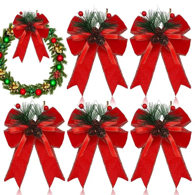 

13x15cm Christmas tree topper Bows with Pine Cone Red Berries and Gold Border Velvet Wired Wreath Bow for Christmas festival