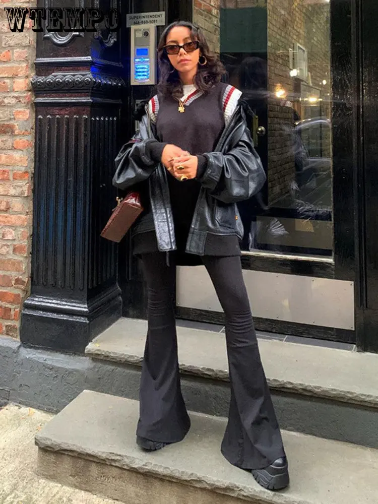 

WTEMPO Black Woman Pants Slim Fitting High Waisted Streetwear Casual Flare Pants Women Clothes Full Length Capris Trousers