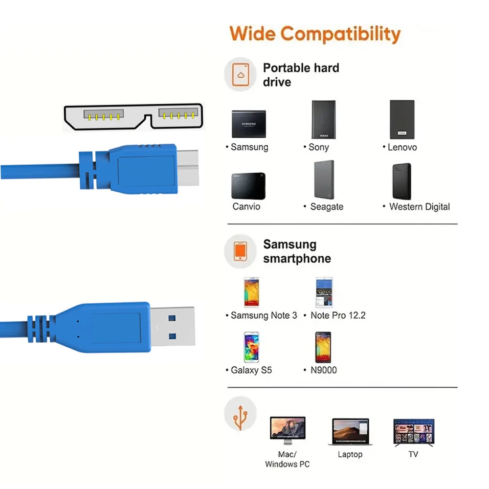 짧은 마이크로 USB 3.0 케이블 휴대용 USB 3.0 - Micro-B 코드 USB 3.0 WD Lacie Hitachi Seagate용 외장형 하드 드라이브 케이블