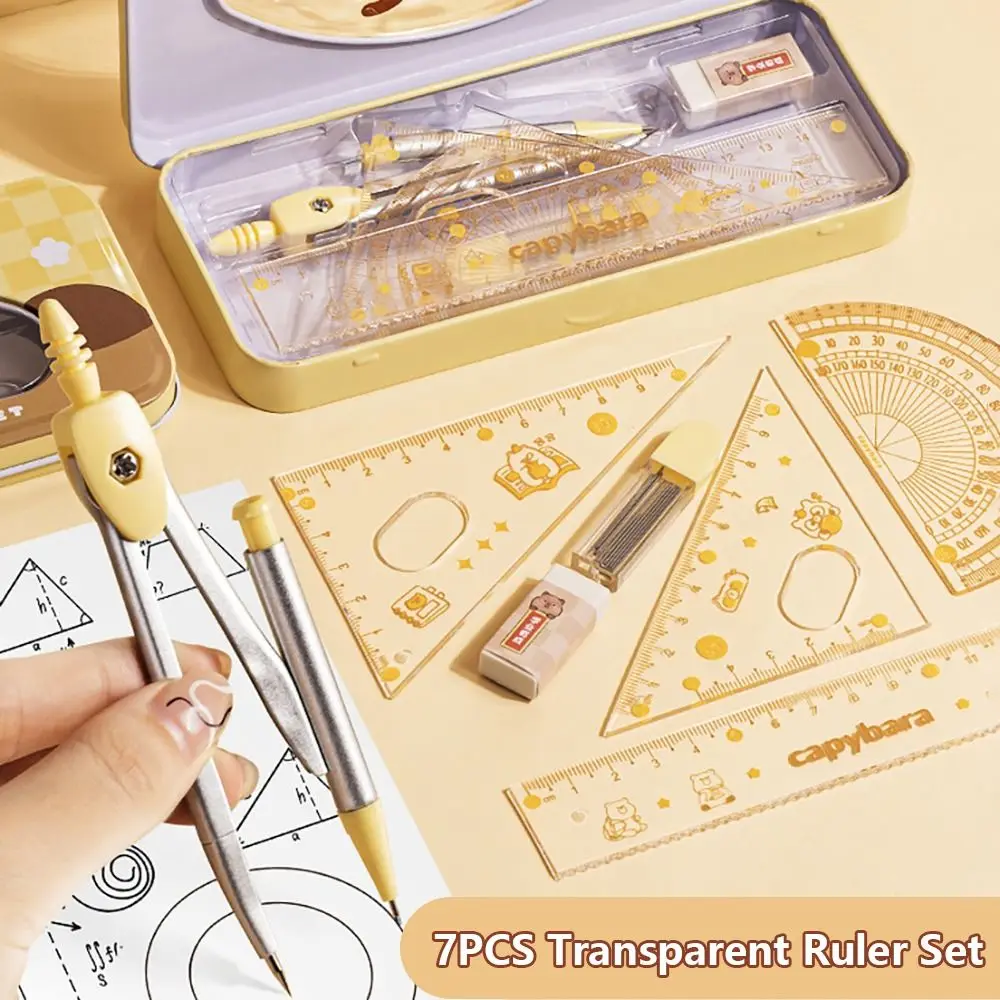 Cartoon Capybara/Panda/Puppy Transparent Ruler Set Pencil Compass Protractor Eraser Set Students Drawing Measuring Tools 7PCS