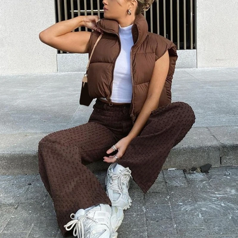 Women Stand Collar Crop Puffer Vest Lightweight Sleeveless Winter Warm Vest