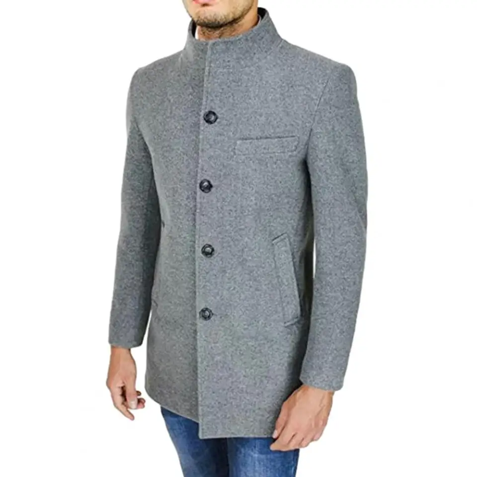 Men Fall Winter Coat Stand Collar Mid Length Single-breasted