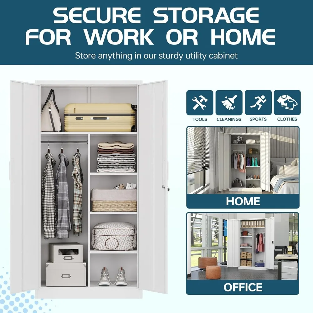 Steel Wardrobe, 72" Combination Storage Cabinet Clothes Rod and 4 Shelves Organizer Storage, 2 Lockable Doors,  Office  Garage 5