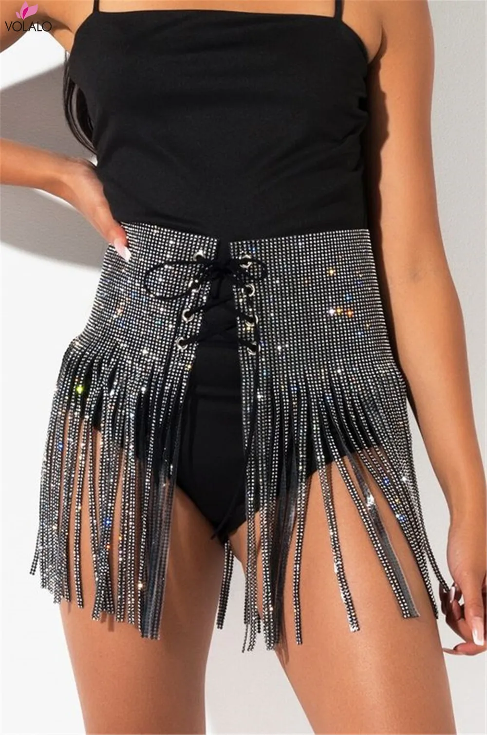 

VOLALO Sexy Women High Waist Cross Bandage Club Mini Skirt Tassel Sequins Rhinestone Party Beach Belly Dance Short Wrap Skirts