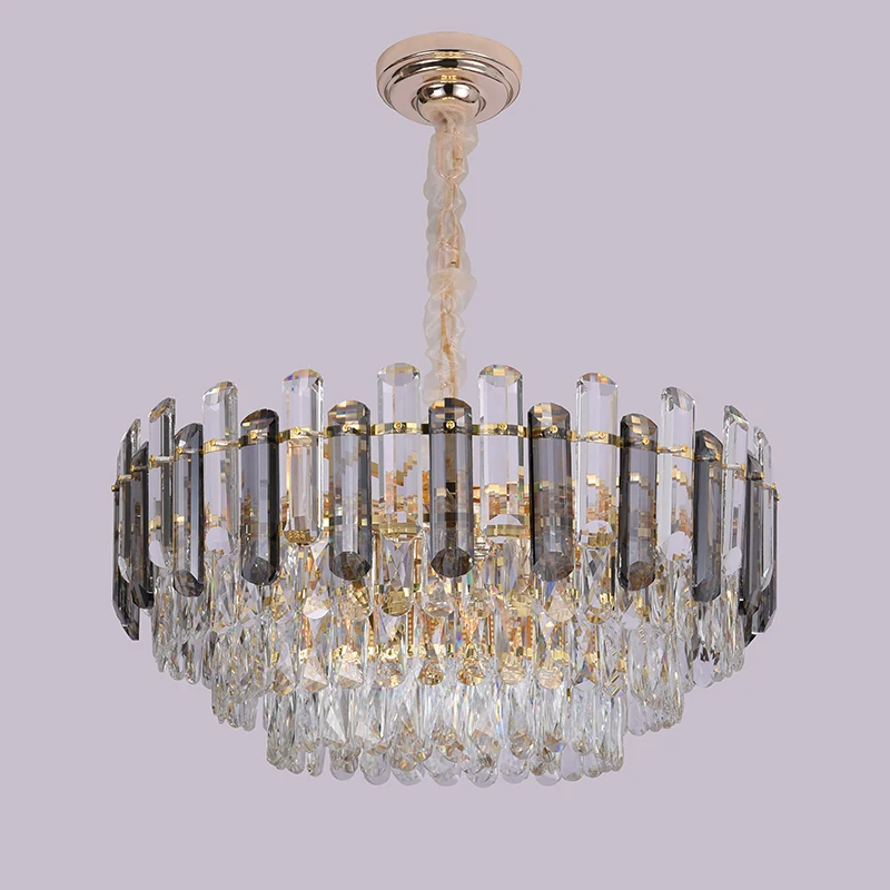 

Led E14 Post Modern Clear&Grey Crystal Round Golden Chandelier Lamp For Living Room Model Dinning Room Luxury Hanging Light