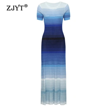 ZJYT Summer Women Fashion Long Knit Dress Gradient Color Short Sleeve Elegant Holiday Casual Dresses Blue Orange Vestidos Lady 1