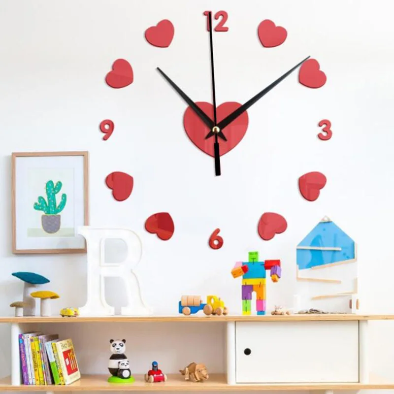 Creative Heart Mirror Wall Clock for Bedroom Living Room Wall Decor Mirror Sticker Acrylic Clock Creative Gift for Friend