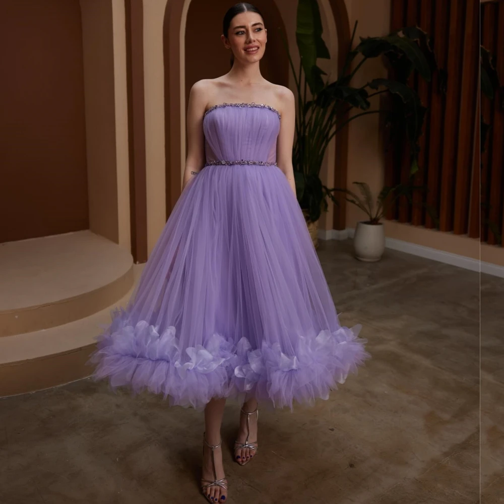 Tulle Pleat Flower Christmas A-line Strapless Bespoke Occasion Gown Midi Dresses