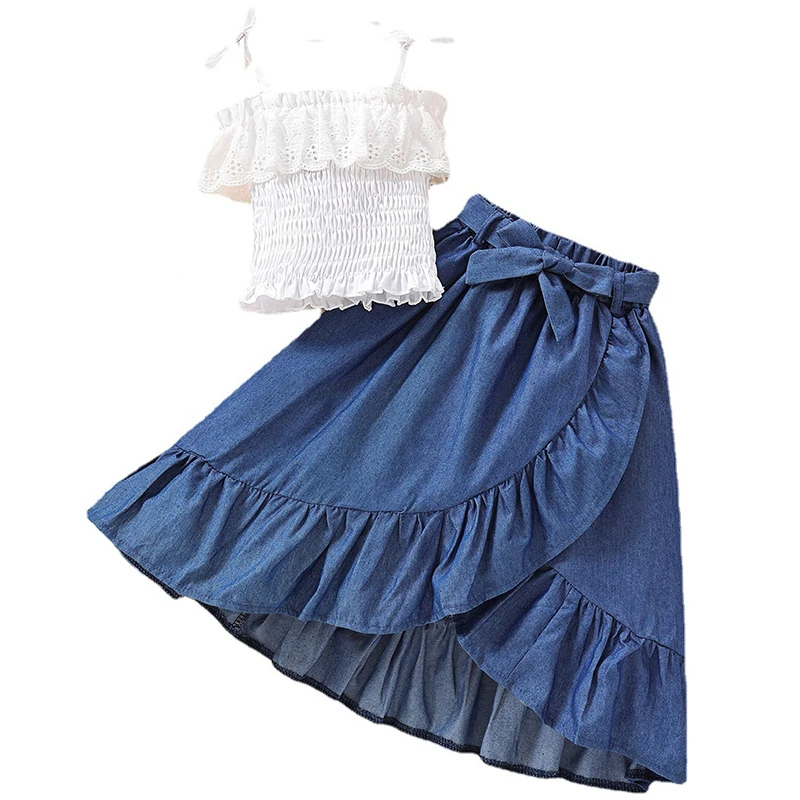

2Piece Summer Children Clothes Toddler Girl Outfits Set Fashion White Cotton Baby Tops+Denim Skirts Boutique Kid Clothing BC2223