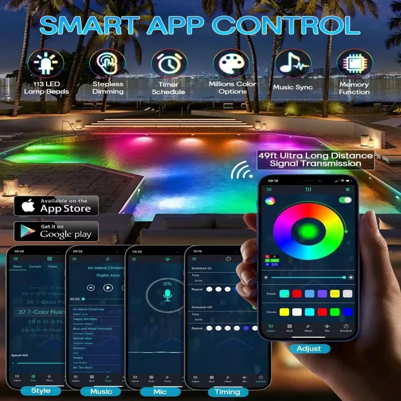 RGB LED 수영장 조명 22W 85-265V 블루투스 APP 제어 분수 연못 조명 IP68 수중 램프 DC12V Piscina 스포트라이트