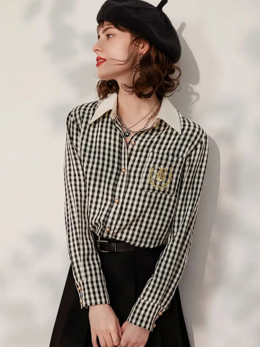 LOUIS YAO Women Plaid Shirt Turn Down Collar Long Sleeve 2024 Spring Summer Embroidery Blouse Loose Women's Top