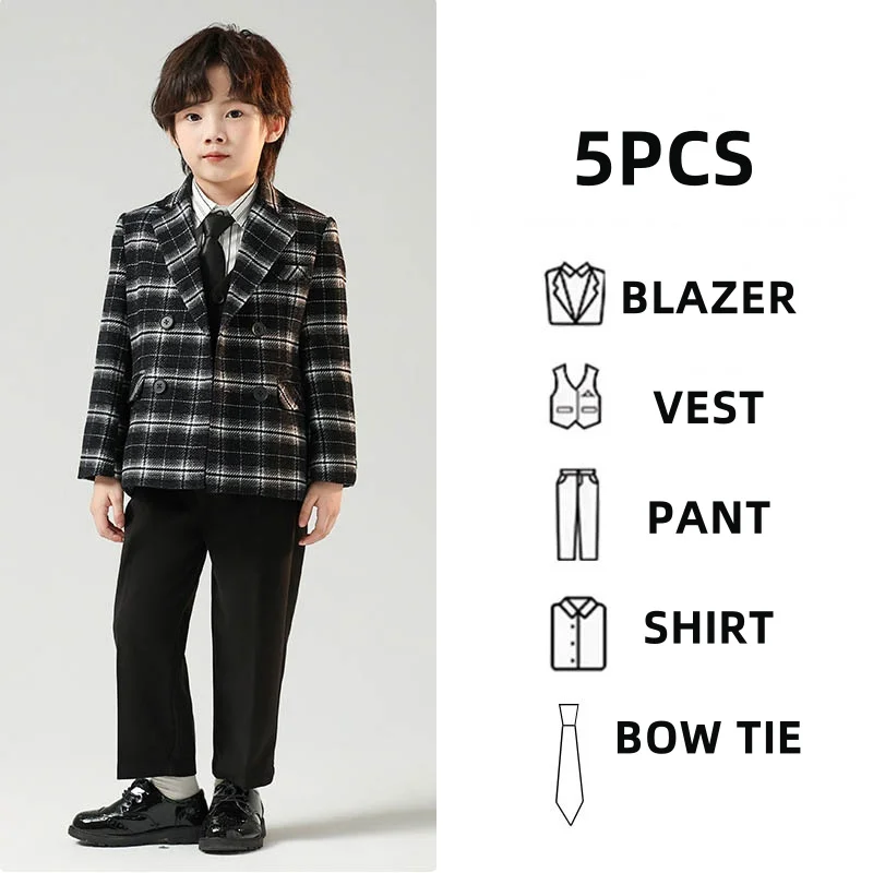 Kinder Jungen Herbst Winter Karierten Anzug Kinder Jungen Hochzeit Klavier Leistung Geburtstag Party Fotografie Kostüm Formale Blazer Anzug – Detail 13