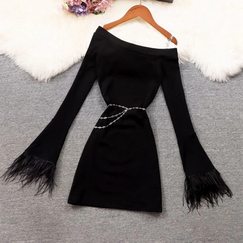 

Sexy Celebrity Style Slant Neck Off-the-shoulder Chain Feathers Long Sleeves Hip Dresses Winter Women's Clothes 2022