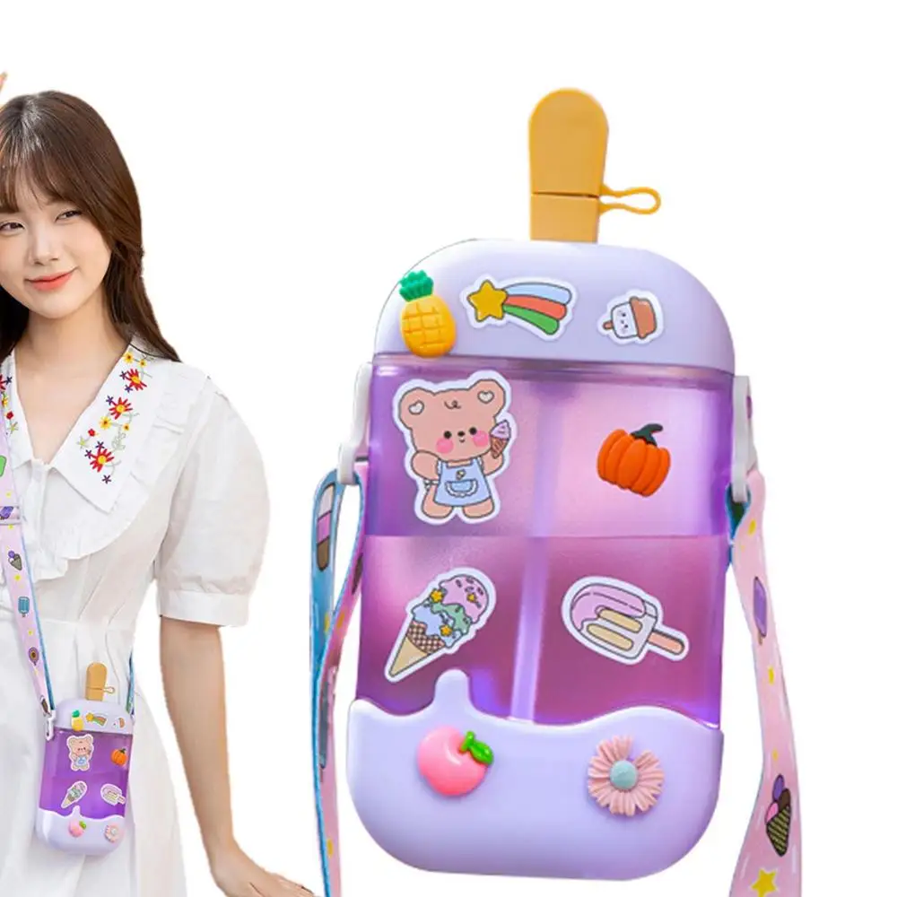 Girls Water Sippy Cup Ice Cream Stick Lady Water Bottles With Straw Leakproof Water Bottles Outdoor Women'S Sports Gym Bottle