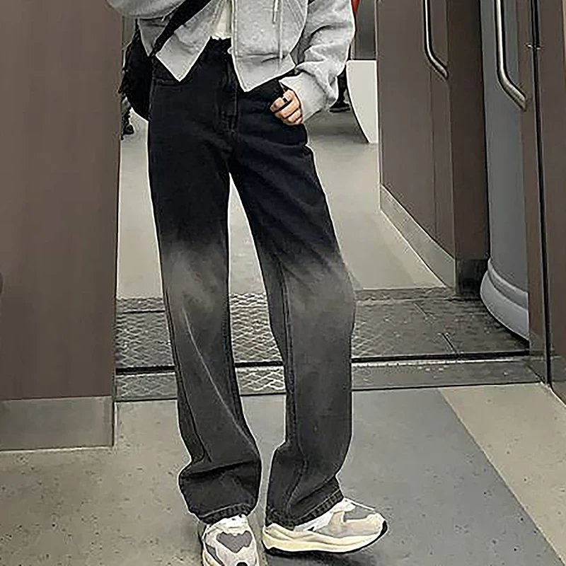 

Джинсы женские с широкими штанинами, модные прямые брюки из денима с градиентом, повседневные свободные штаны в стиле ретро, весна-осень