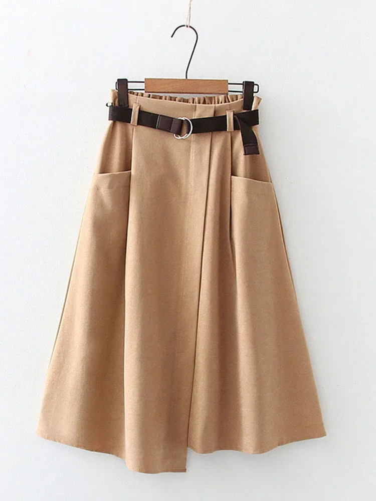 

Women Casual Skirts 2022 Spring And Autumn Solid High Waist Irregular Pockets Midi Skirts Fashion Simple Elegant Saia Faldas