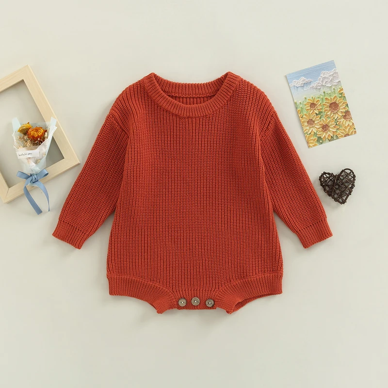 FOCUSNORM 12 Colors Autumn Winter Baby Girls Boys Sweater Romper Tops 0-24M Solid Knitted Long Sleeve Pullover Outwear Jumpsuit
