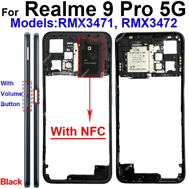 Realme 9 Pro RMX3471 RMX3472 후면 커버 배터리 도어 하우징 베젤, 측면 버튼, 흑연 종이 부품