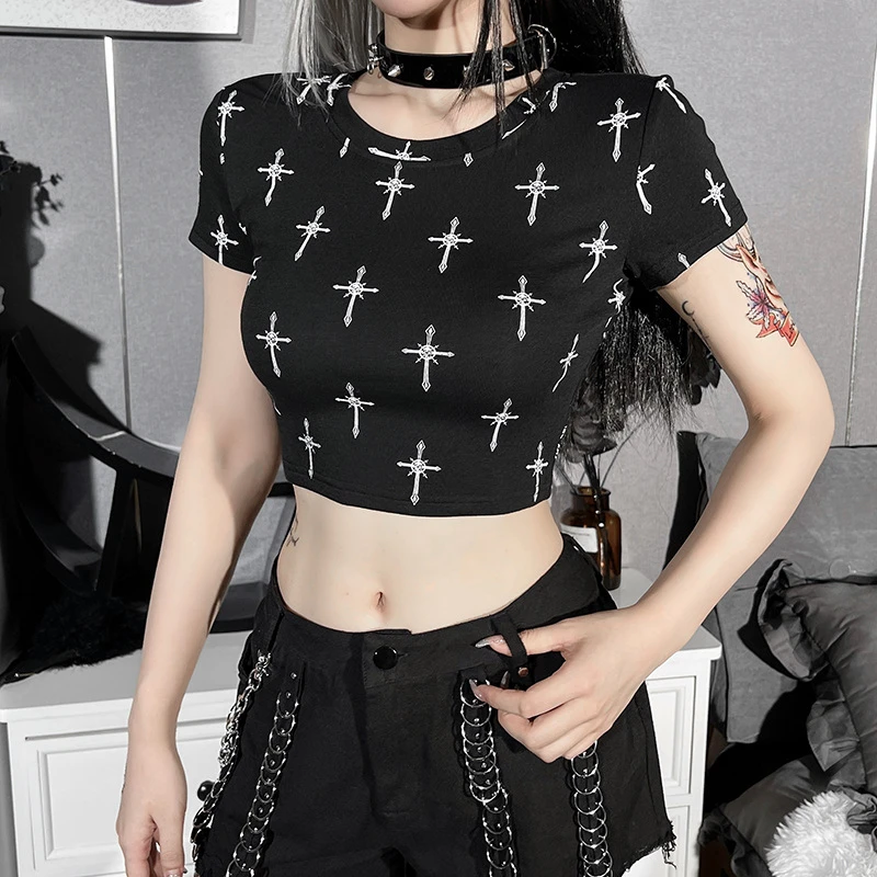 90s Cross Print Emo Alternative Black T Shirts Hip Hop Punk Gothic Bodycon Grunge Crop Tops Women Short Sleeve Summer Streetwear Aliexpress
