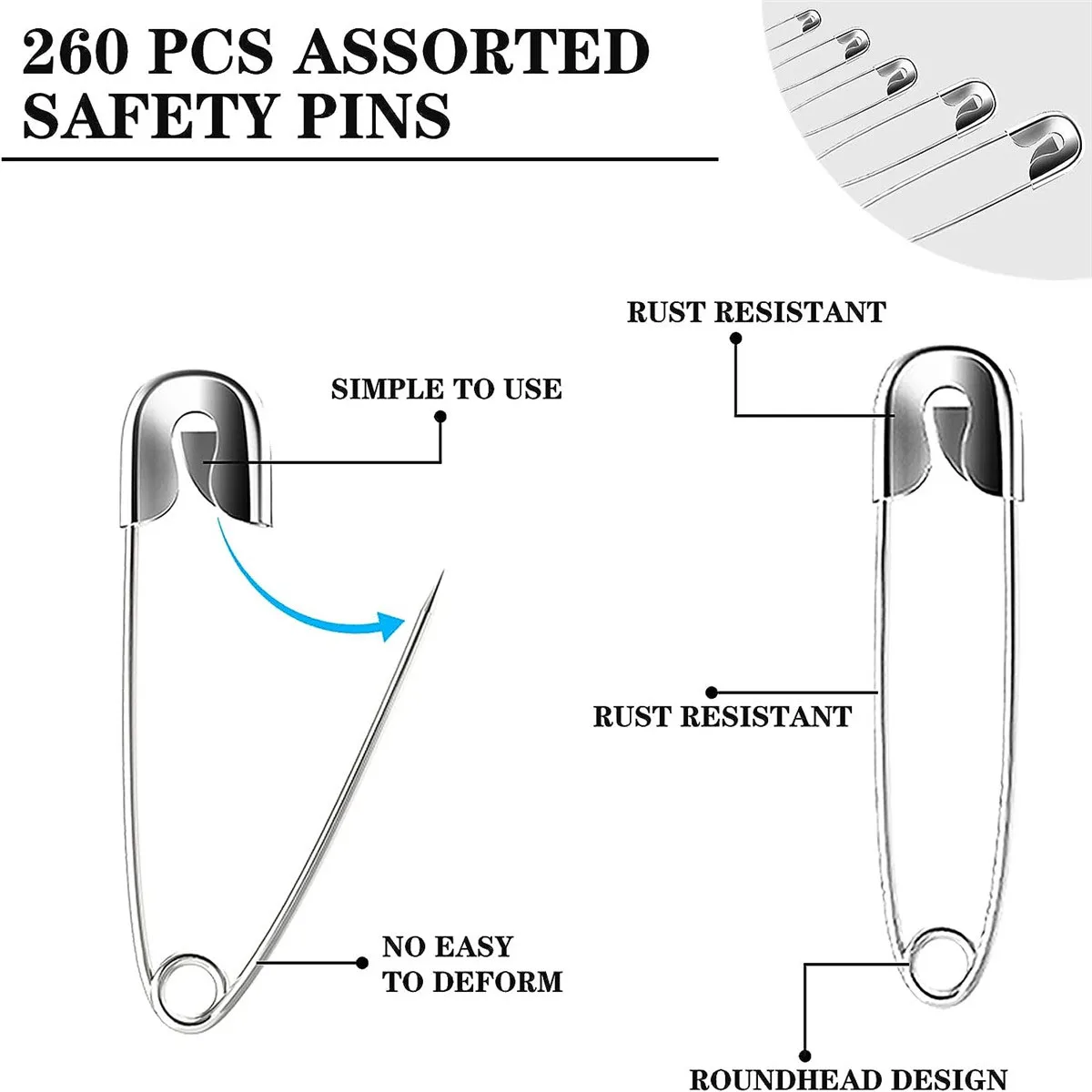 Sewing Pins 260Pcs Safety Pins Assorted Size Large Small Clothes Sewing