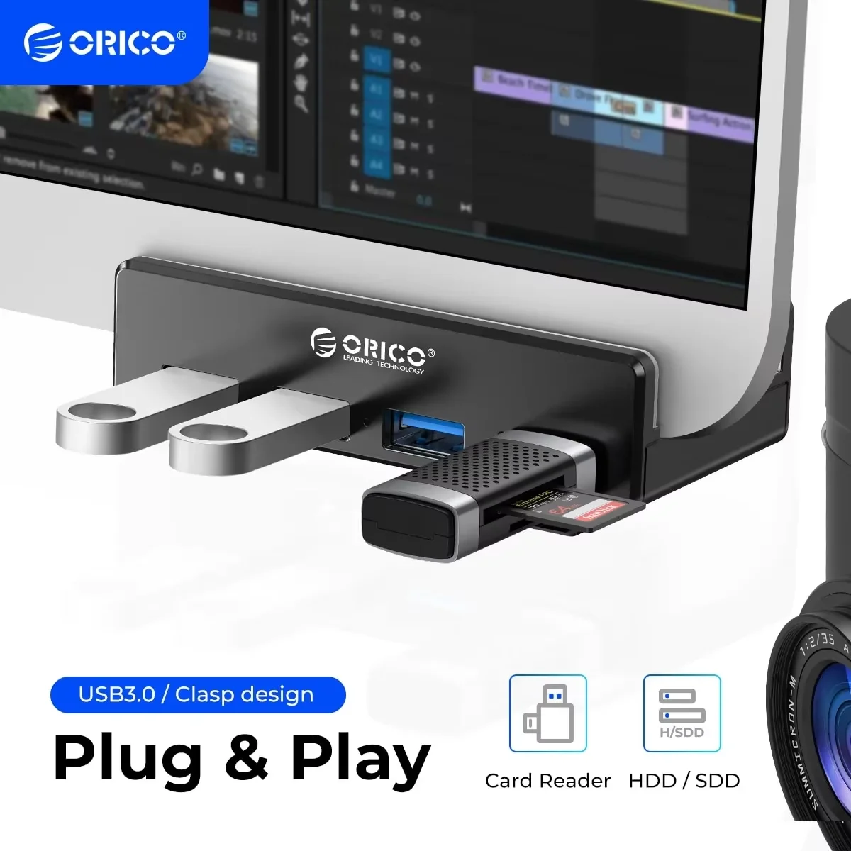 Data Transmission Hub ORICO MH4PU 5GBPS Aluminum 4 Ports USB 3.0 Clip HUB Power Supply for MAC OS PC