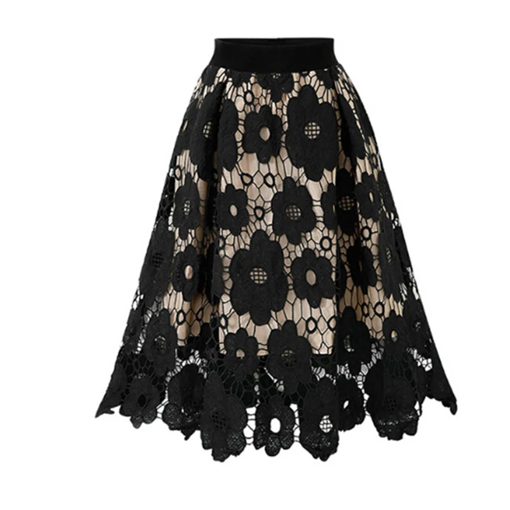 

European and American Style Lace Hollow Out Flower Half Bodies Skirts Elastic High Waisted Soft Knee Length Female Skirts