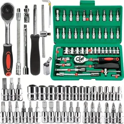 Enhanced Car Repair Essentials: 46 - Piece Professional Ratchet Tool Set in Green Toolbox (46pcs)