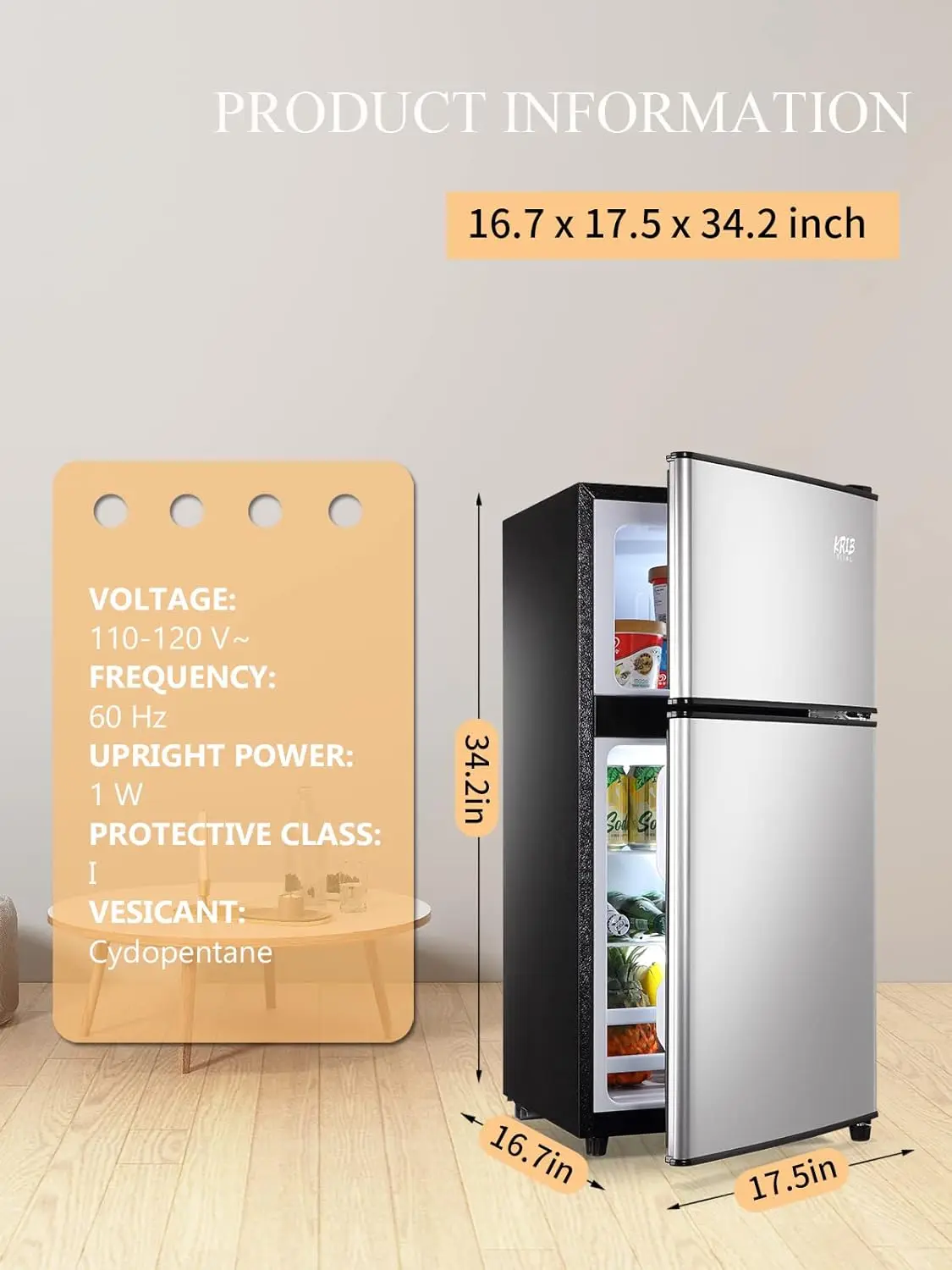 KRIB BLING Mini Fridge with Freezer on Top, 3.5 Cu.Ft Compact Refrigerator with 7 Levels Adjustable Thermostat, Small Refrigerat 3