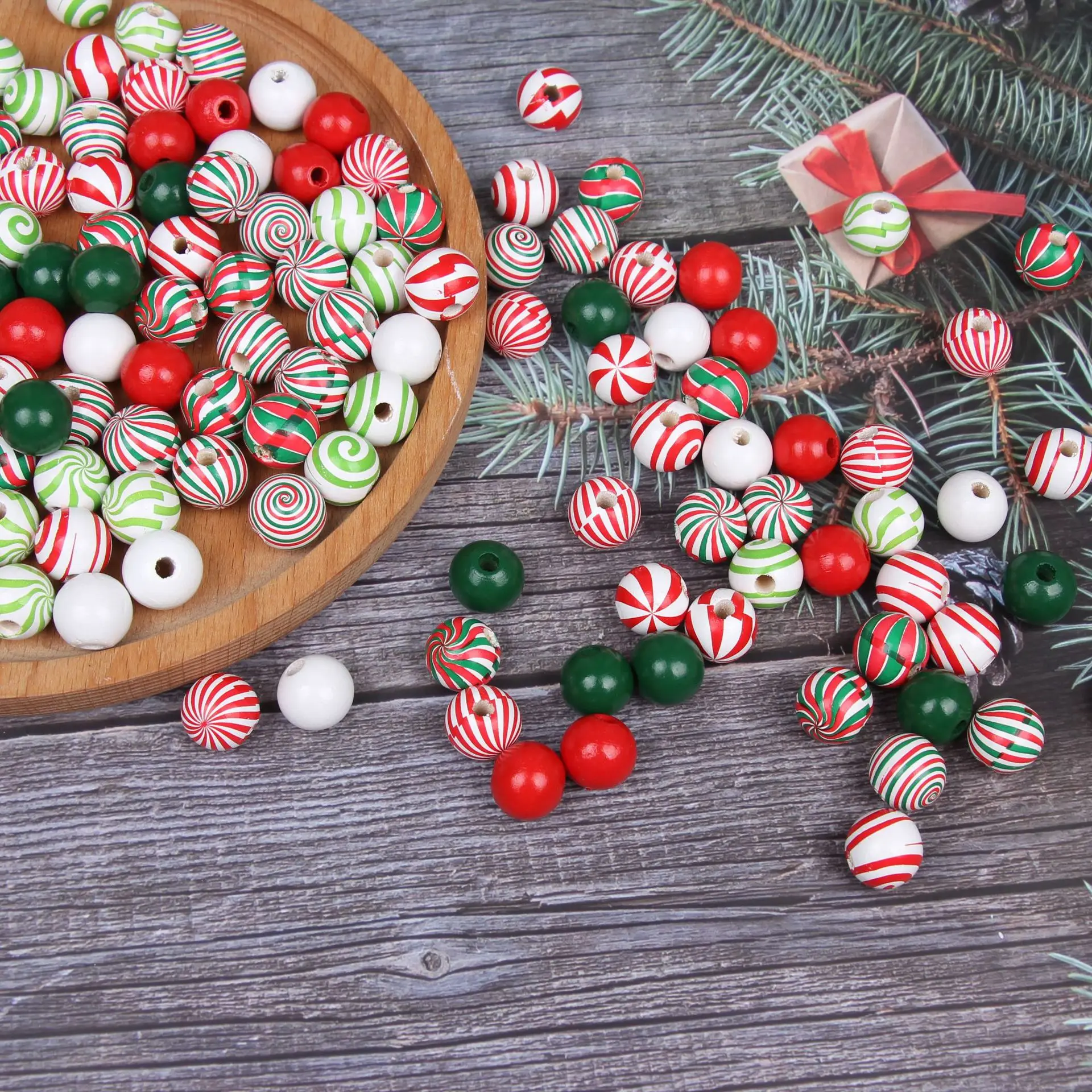 Christmas wooden bead candy wooden bead spiral colorful holiday hemp rope DIY tassel Home accessories