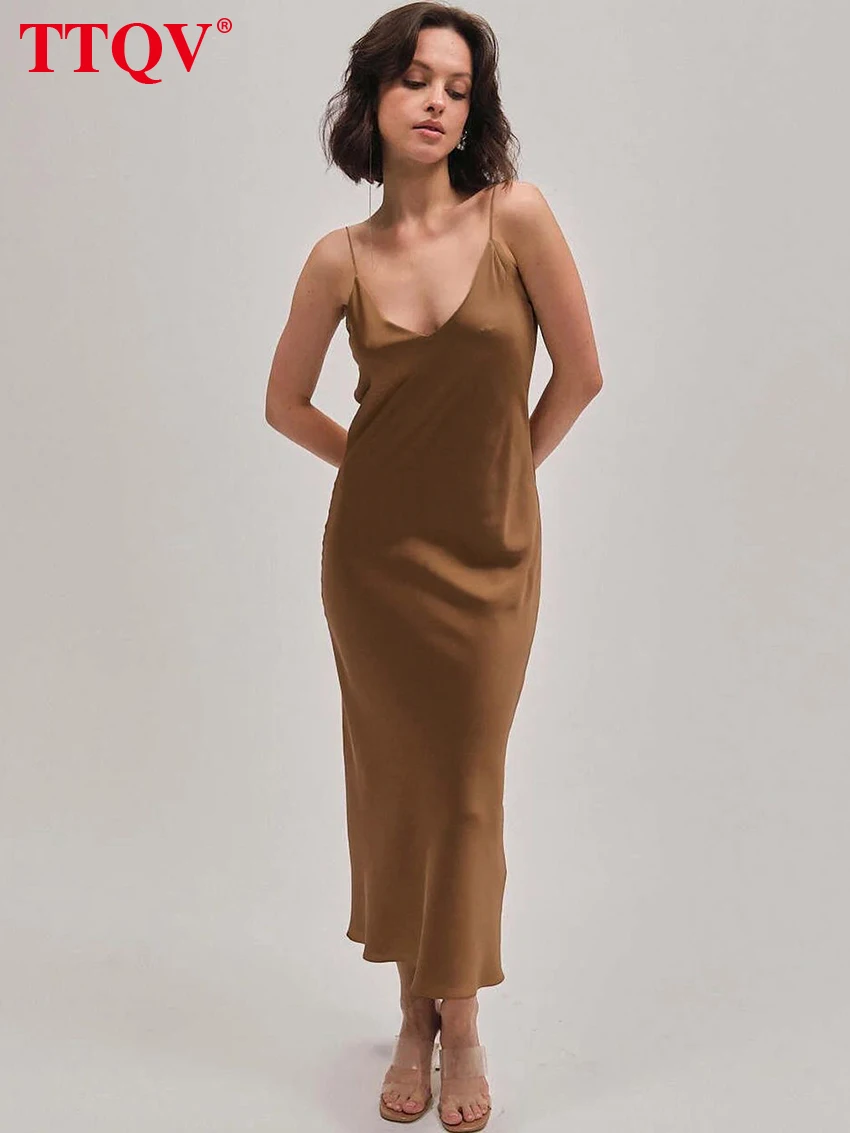 

TTQV Summer Sexy Brown Spaghetti Strap Womens Dresses Autumn Open Back Slim Straight Dresses Elegant Solid Mid-Calf Dress Female