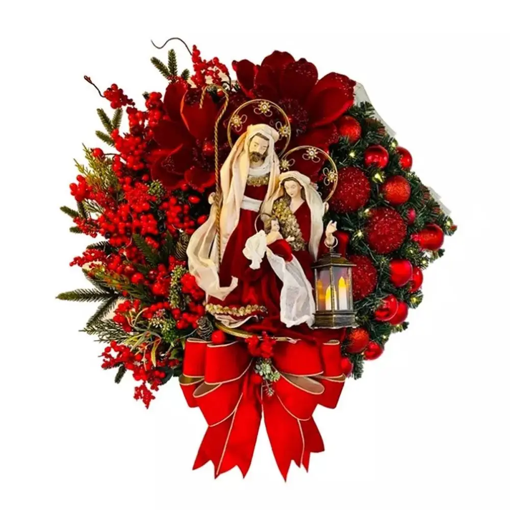 Sacred Christmas Wreath With Lights Artificial Hanging Ornaments Front Door Wall Decorations Merry Christmas Tree Wreath