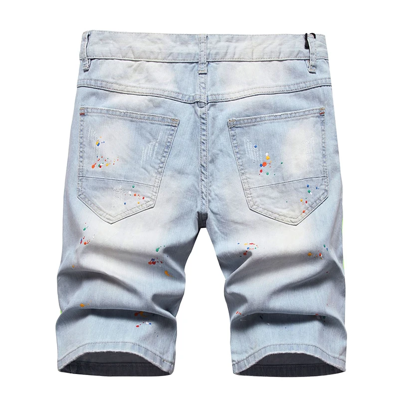 Summer New Mens Ripped Short Jeans Brand Clothing Bermuda Cotton Side Stripe Fluorescent Shorts Breathable Denim Shorts