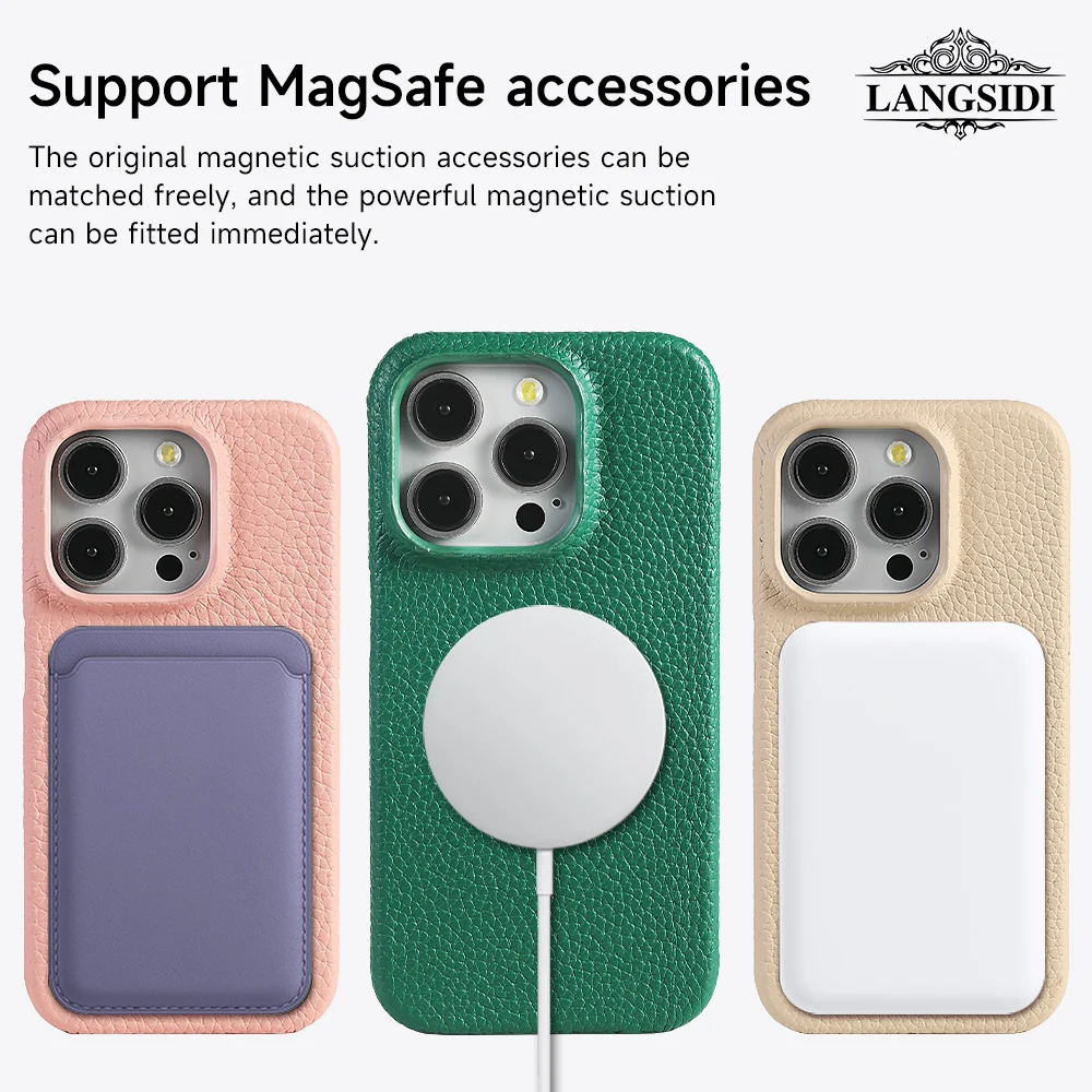 for Magsafe Case for iPhone 15 16 Pro Max Promax 16Pro Natural Cowhide Lychee Leather Magnetic Protector Luxury Phone Back Cover 5