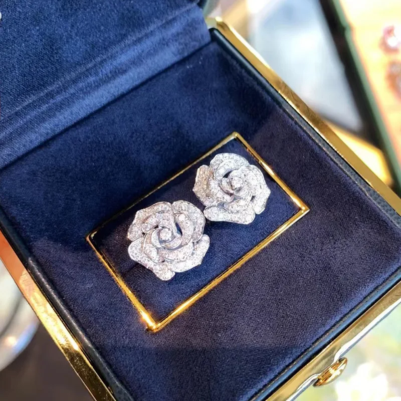 Full Diamond Heavy Industry Camellia Flower 925 Pure Silver Earrings with Solid  Zircon Quality